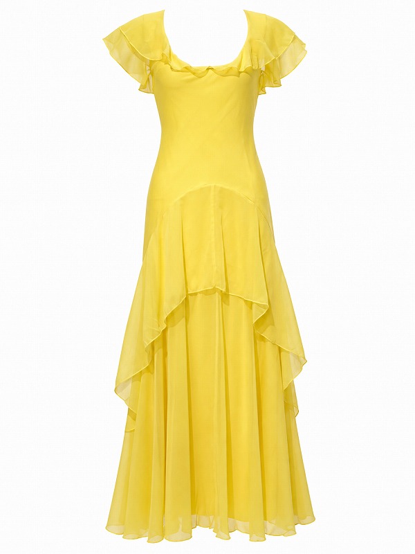 【新品DRESS 1982】シフォンアシンメトリーレイヤードフレアロングドレス イエロー【asos】